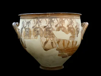 Mykenische Zivilisation: Krater, genannt „Kriegerkrater“ - Aus Gräberrund A in Mykene. 12. Jahrhundert v. Chr. - Athen, Archäologisches Nationalmuseum - Mykenische Kunst: Kriegerkrater - Terrakottavase, gefunden in Mykene