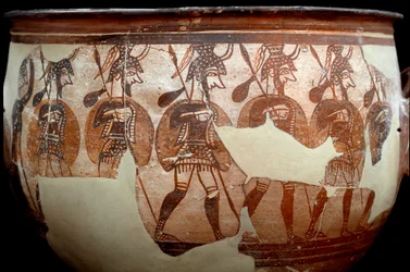 Mykenische Zivilisation: Krater, genannt „Kriegerkrater“. Aus dem Gräberrund A in Mykene. 12. Jahrhundert v. Chr. Athen, Archäologisches Nationalmuseum