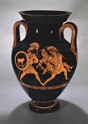 Attische rotfigurige Bauchamphore, die die Entführung von Antiope mit Theseus und Pirithous darstellt, ca. 500-490 v. Chr.