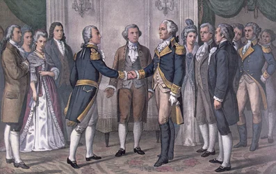 Das erste Treffen von General George Washington (1732-99) und dem Marquis de La Fayette (1757-1834) Philadelphia, 3. August 1777, veröffentlicht 1876