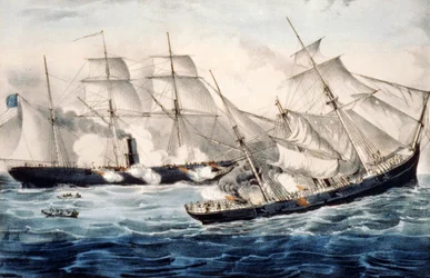 US-Kriegsschiff vor Cherbourg, Frankreich, Sonntag, 19. Juni 1864. Illustration von Currier & Ives.