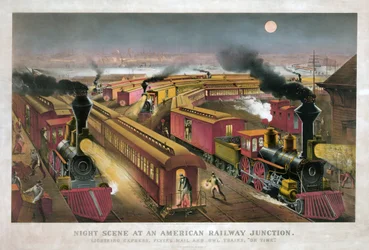Nachtszene an einem amerikanischen Eisenbahnknotenpunkt von Currier & Ives