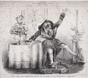 Ah!!! Es liegt ein Fluch auf dem Leben des Dichters und ein Fluch auf seinem Grab!!!. Eine der ersten Zeichnungen von Felix Tournachon erschien in „La Vogue, industrielle, künstlerische und literarische Zeitschrift“