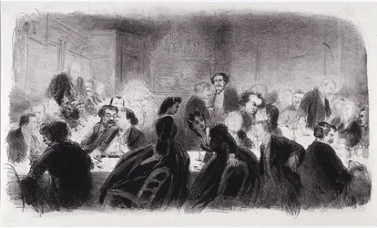 Anonyme Lithographie, die literarische und künstlerische Persönlichkeiten in den 1850er Jahren darstellt