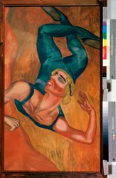 Sprung - Ein Akrobat macht einen Sprung, das Gesicht lächelnd, der flexible Körper in der Pose in der Luft verzerrt - Gemälde von Nadeschda Wladimirowna Lermontowa (1885-1921), Öl auf Leinwand