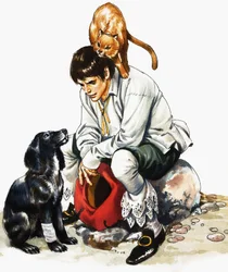 Dick Whittington (?) mit Katze und Hund