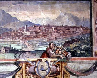 Schlafzimmer, Detail des Frieses, der Städte unter der Herrschaft der Medici darstellt, möglicherweise Volterra