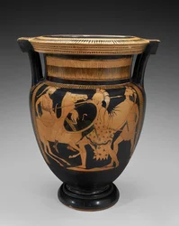 Rotfiguriger Terrakotta-Säulenkrater mit Kampfszene, 460-450 v. Chr.