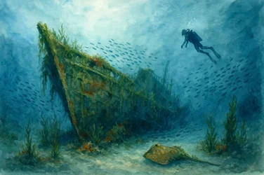 Taucher erforscht Schiffswrack