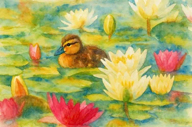 Entenküken unter Lilien