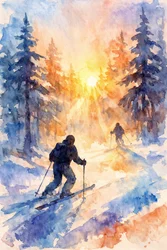 Winter-Skifahrer Sonnenaufgang