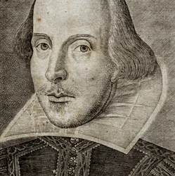 Detail des Porträts von William Shakespeare auf dem Frontispiz von Komödien, Historien und Tragödien