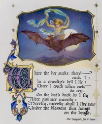 Illuminierte Seite aus einem Buch von Shakespeare-Sonetten zeigt eine Szene aus Der Sturm