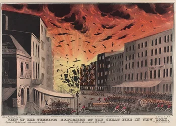 Ansicht der schrecklichen Explosion beim großen Brand in New York. Von Broad St. - 19. Juli 1845