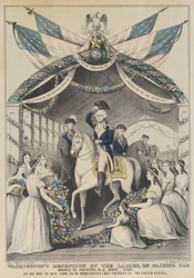 Washingtons Empfang durch die Damen beim Überqueren der Brücke in Trenton, April 1789, auf dem Weg zur Amtseinführung als erster Präsident der Vereinigten Staaten