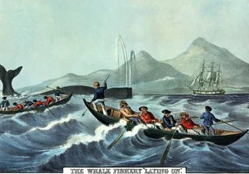 Walfangszene im Norden der Vereinigten Staaten. Lithographie von N. Currier
