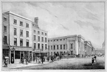 Blick entlang der Aldersgate Street und St. Martin-le-Grand zur St. Pauls Kathedrale, ca. 1830