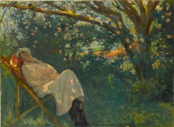 Dame in Rosa auf einer Chaiselongue
