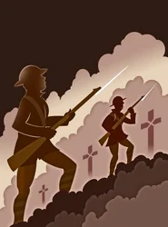 Soldaten des Ersten Weltkriegs mit Bajonetten - aus den Schützengräben auftauchend