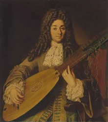 Porträt eines Musikers, wahrscheinlich Petruccio, Halbfigur, spielt eine Theorbe