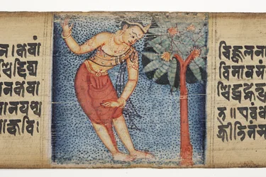 Sudhana steht neben einem Baum, aus dem Gandavyuha