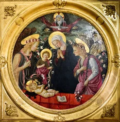 Die Jungfrau Maria, St. Johannes und zwei Engel, die das Christkind anbeten