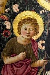 Die Jungfrau Maria, St. Johannes und zwei Engel, die das Christkind anbeten