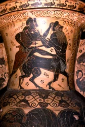 Herkules und der Zentaur Setos, Detail eines griechischen Topfes, korinthisch, ca. 7. Jahrhundert v. Chr.