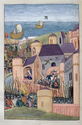 Minos belagert Megara. Scylla schneidet verräterisch das Haar ihres Vaters und flieht, aus Metamorphosen 8 von Ovid, 1479