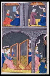 Ms. 324, fol. 62v. Arachne fordert Pallas heraus und wird zu einer Spinne, aus Ovids „Metamorphosen“, Buch 6, 1479