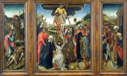 Die Kreuzabnahme, flankiert von (L) Adam und Eva trauern um Abel und (R) Josephs Mantel wird Jakob gezeigt, Triptychon, um 1470