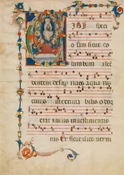 Manuskriptblatt mit der Himmelfahrt der Jungfrau Maria in einem Initial V, aus einem Antiphonar, ca. 1340