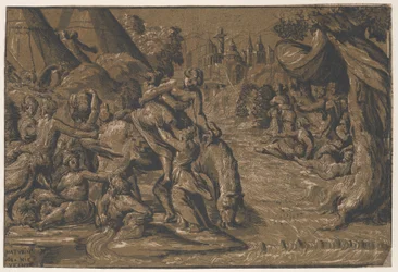 Cloelia, die römische Heldin, in der Mitte, die auf ein Pferd geholfen wird, Rom im Hintergrund..., 1540-50