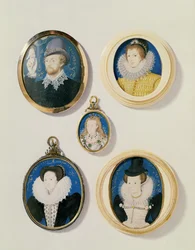 Miniaturen, von L nach R, T nach B: Mann mit einer Hand aus einer Wolke; Unbekannter junger Mann, 1588; Mrs. Holland im Alter von 26, 1593; Arabella Stuart, Herzogin von Lennox; Unbekannte Dame