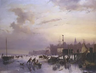Eine Winterflusslandschaft mit zahlreichen Schlittschuhläufern