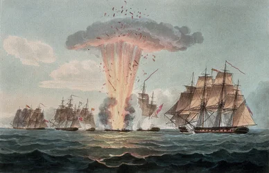 Die Eroberung und Zerstörung von vier Fregatten des spanischen Schatzes vor der Küste von Cadiz (Spanien) am 5. Oktober