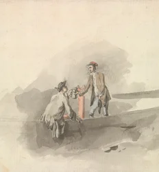 Zwei Männer in einem Boot stoßen mit Krügen an (?)