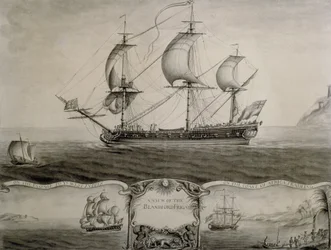 Ansichten der Blandford-Fregatte auf der Passage zu den Westindischen Inseln und Handel an der Küste Afrikas, um 1760