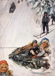 Mädchen auf umgestürztem Schlitten, Holmencollen, 1905