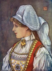 Norwegen: Hardanger Kopfschmuck (Farblithografie)