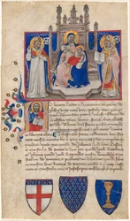 Madonna und Kind auf dem Thron zwischen den Heiligen Petronius und Alle (Eligius); Christus im Initial A