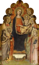 Die Madonna und das Kind auf dem Thron mit den Heiligen Johannes dem Täufer, Petrus, Maria Magdalena, Paulus und Stephanus, einer weiblichen Märtyrerin und Engeln