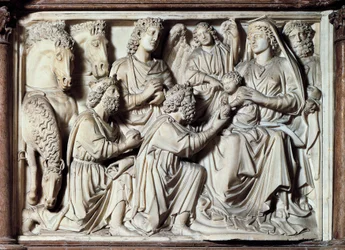 Anbetung der Heiligen Drei Könige, Fliese von der Kanzel mit Szenen aus dem Leben Christi