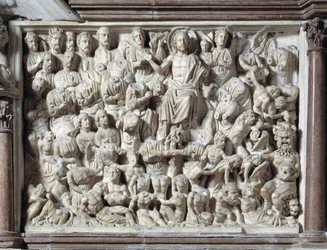 Das Jüngste Gericht (Jüngstes Gericht) Kanzel von Nicola Pisano (1215/20-1278/84) (Marmorkanzel) 1260 Baptisterium St. Johannes von Pisa (Battistero San Giovanni di Pisa), Italien