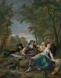 Genreszene mit eleganten jungen Paaren in einer Landschaft