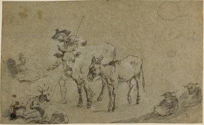 Hirte mit Kuh, Esel, Schaf