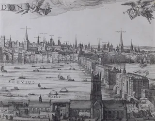 Panorama von London und der Themse, Teil drei zeigt Southwark, London Bridge und die Kirchen in der City, um 1600
