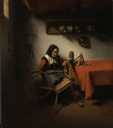 Alte Frau beim Spinnen