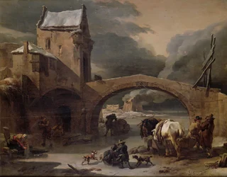 Winterlandschaft mit Bauern und Pferden auf einem gefrorenen Kanal bei einer befestigten Brücke, um 1660-70