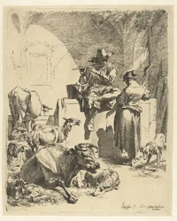 Flötenspielender Hirte und Spinnerin